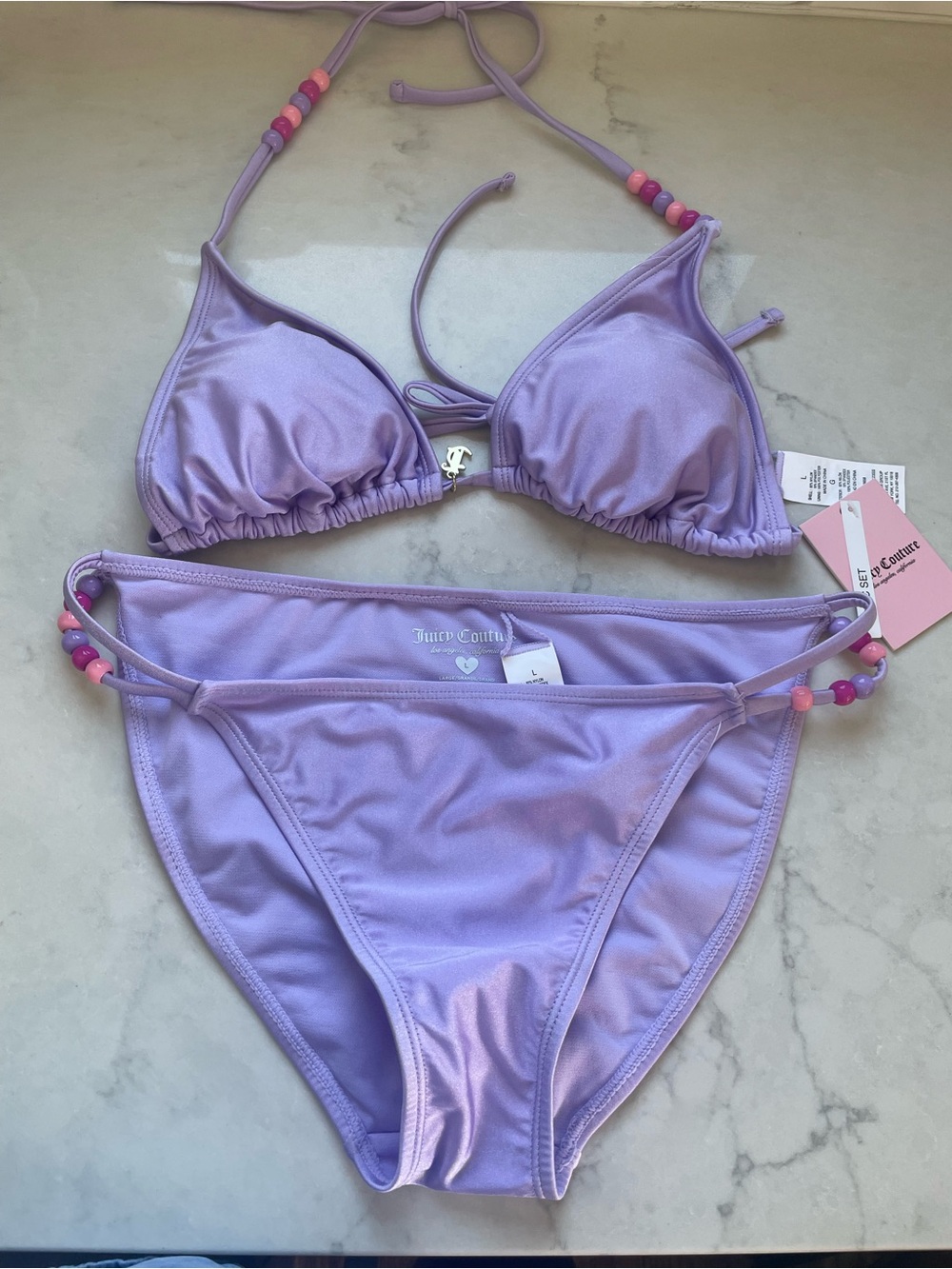 NEW! Juicy Couture Purple Beaded Triangle Bikini Set - L